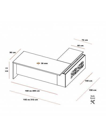 dimensions bureau de direction design T45 Quadrifoglio avec meuble retour integre