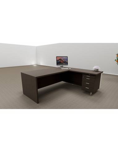 vue arriere bureau de direction design T45 Quadrifoglio avec meuble retour integre a droite coloris eucalyptus