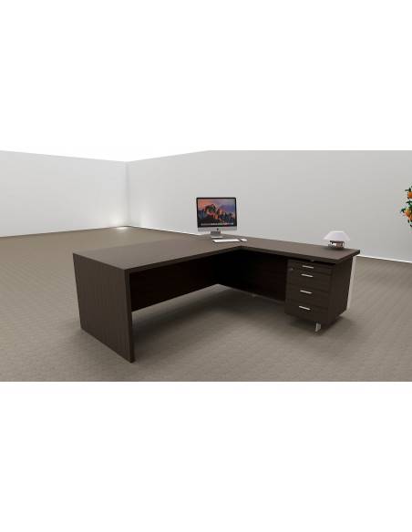 vue arriere bureau de direction design T45 Quadrifoglio avec meuble retour integre a droite coloris eucalyptus