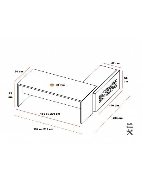 dimensions bureau direction avec meuble retour design a gauche T45 Quadrifoglio