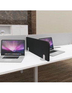 cloisonnette de séparation acoustique à poser sur le bureau MUT Mobel Linea coloris tissu noir, coloris des pieds gris alu