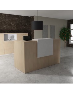 banque accueil design Delta Mobel Linea coloris chene moyen avec rehausse blanche