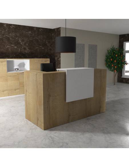 banque accueil design Delta Mobel Linea coloris chene veine avec rehausse blanc