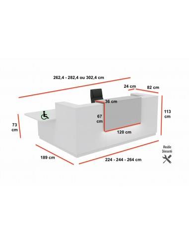 dimensions banque d'accueil d'angle avec acces PMR à droite delta mobel linea