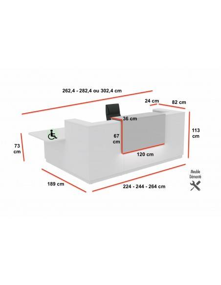 dimensions banque d'accueil d'angle avec acces PMR à droite delta mobel linea