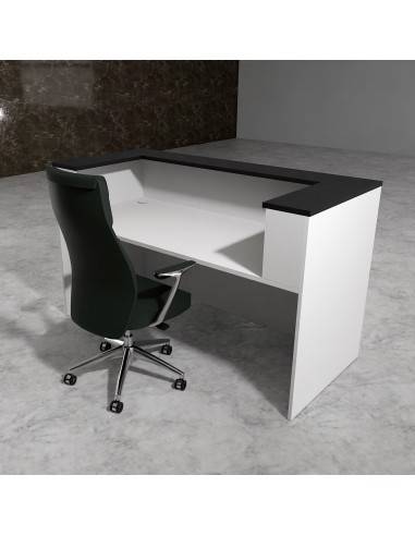 vue. arriere banque d'accueil bicolore blanche avec dessus noir modèle Delta Mobel Linea.