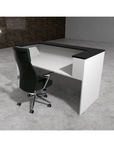 vue. arriere banque d'accueil bicolore blanche avec dessus noir modèle Delta Mobel Linea.