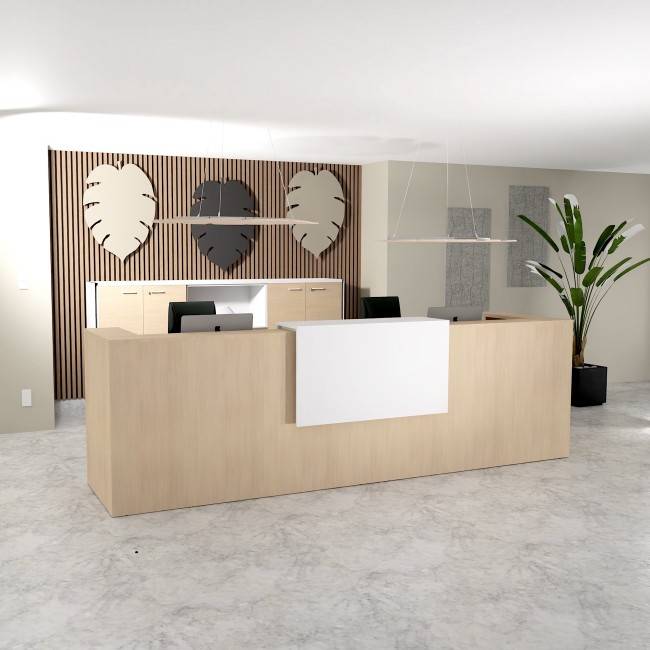 banque d'accueil 2 personnes delta mobel linea avec un top coloris blanc et bureau en bois coloris chêne moyen