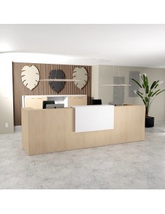 banque d'accueil 2 personnes delta mobel linea avec un top coloris blanc et bureau en bois coloris chêne moyen