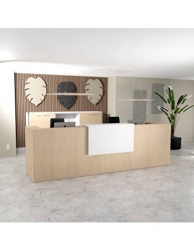 banque d'accueil 2 personnes delta mobel linea avec un top coloris blanc et bureau en bois coloris chêne moyen
