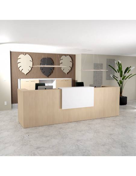 banque d'accueil 2 personnes delta mobel linea avec un top coloris blanc et bureau en bois coloris chêne moyen