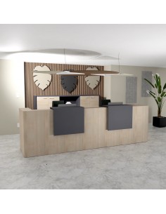 Bureau d'accueil 2 personnes delta mobel Linea avec 2 tops de finition clients coloris acacia clair et anthracite.
