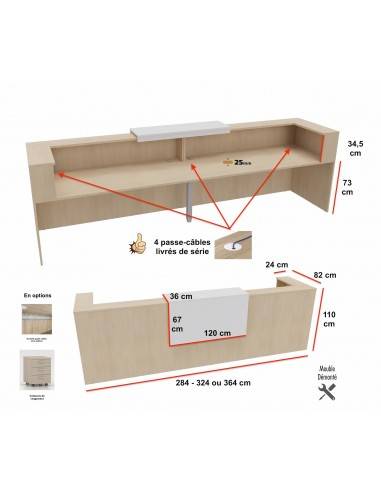vue arrière et dimensions banque d'accueil 2 personnes delta mobel linea avec un top