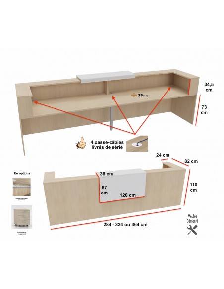 vue arrière et dimensions banque d'accueil 2 personnes delta mobel linea avec un top