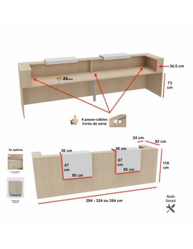 Dimensions bureau d'accueil 2 personnes delta mobel Linea avec 2 tops de finition clients