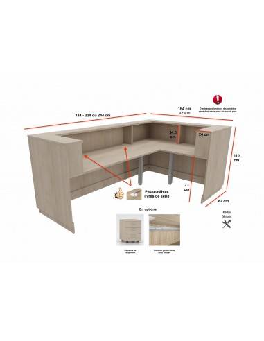 dimensions et vue arriere banque d'accueil delta version angle mobel linea