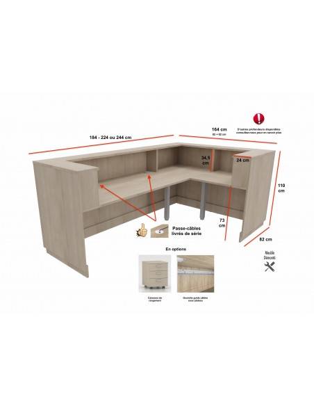 dimensions et vue arriere banque d'accueil delta version angle mobel linea