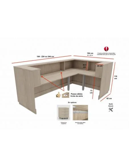 dimensions et vue arriere banque d'accueil delta version angle mobel linea