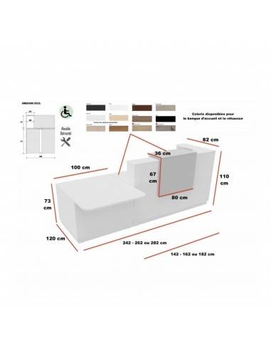 dimensions banque d'accueil droite Delta mobel linea avec PMR à droite, rehausse coloris bois
