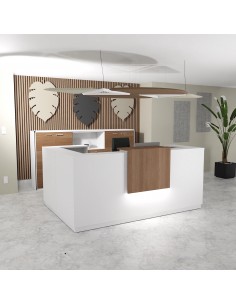 banque accueil avec retour angle à gauche delta mobel linea coloris blanc et dessus acacia foncé