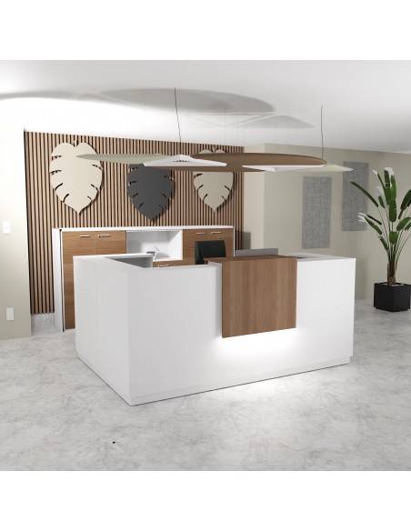 banque accueil avec retour angle à gauche delta mobel linea coloris blanc et dessus acacia foncé