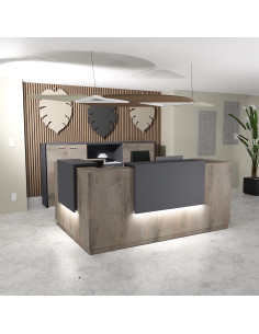 banque accueil angle gauche colori chene grise  avec deux rehausses lumineuses anthracite delta mobel linea