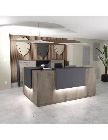 banque accueil angle gauche colori chene grise  avec deux rehausses lumineuses anthracite delta mobel linea