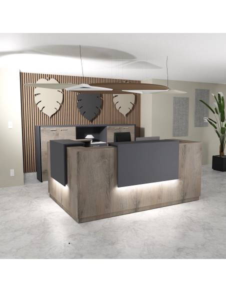 banque accueil angle gauche colori chene grise  avec deux rehausses lumineuses anthracite delta mobel linea