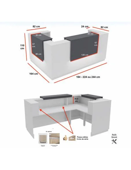 dimensions banque accueil angle  avec deux rehausses lumineuses delta mobel linea