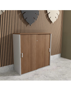 armoire a portes coulissantes hauteur moyenne mobel linea coloris acacia fonce et gris alu