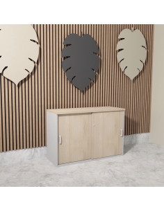 armoire a portes coulissantes hauteur basse mobel linea coloris acacia clair et gris alu