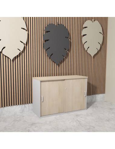 armoire a portes coulissantes hauteur basse mobel linea coloris acacia clair et gris alu
