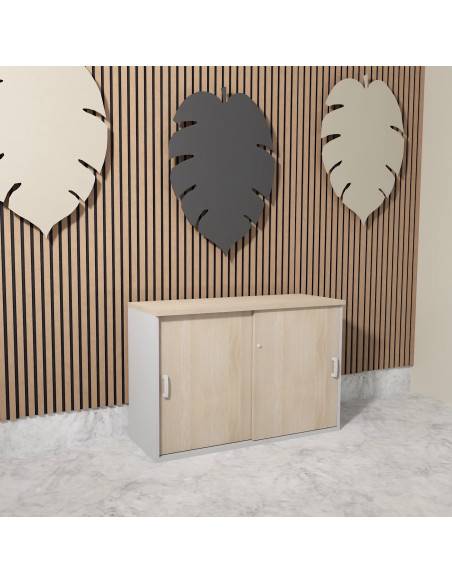 armoire a portes coulissantes hauteur basse mobel linea coloris acacia clair et gris alu