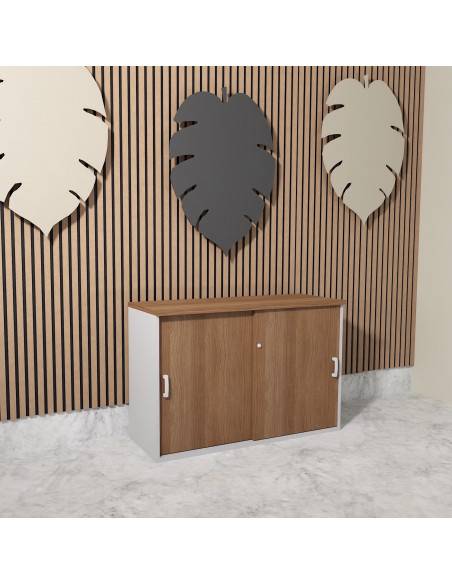 armoire a portes coulissantes hauteur basse mobel linea coloris acacia fonce et gris alu