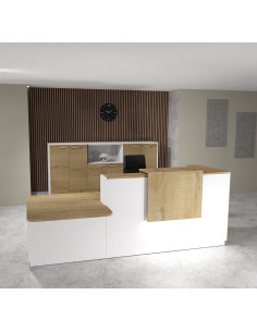 banque accueil delta avec acces pmr a gauche et rehausse et plateaux chene veine mobel linea coloris blanc