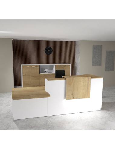 banque accueil delta avec acces pmr a gauche et rehausse et plateaux chene veine mobel linea coloris blanc