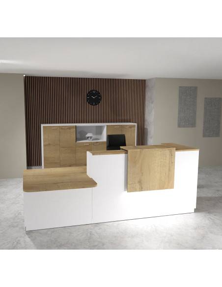 banque accueil delta avec acces pmr a gauche et rehausse et plateaux chene veine mobel linea coloris blanc