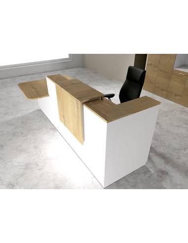 vue dessus banque accueil delta avec acces pmr a gauche et rehausse et plateaux chene veine mobel linea coloris blanc