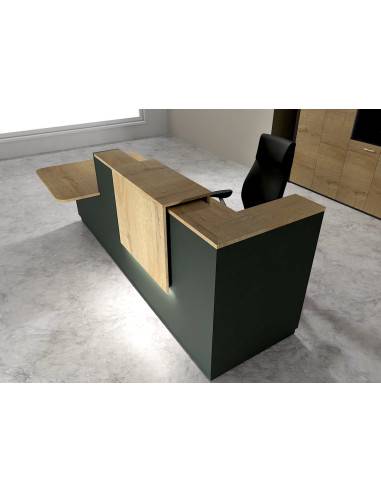 vue dessus banque accueil delta avec acces pmr a gauche et rehausse et plateaux chene veine mobel linea coloris noir