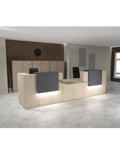 banque accueil 2 personnes avec acces pmr au milieu dela mobel linea coloris acacia clair rehausses lumineuses anthracite