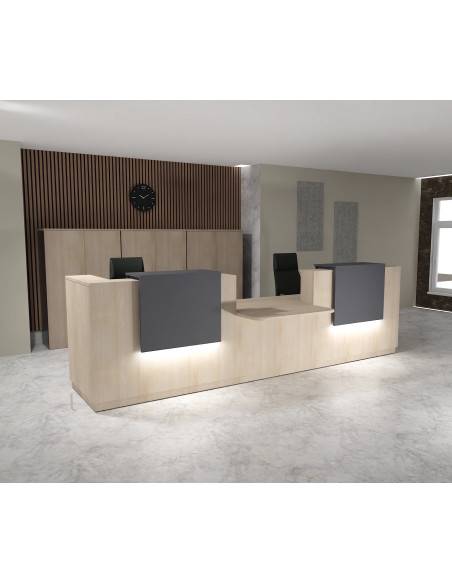 banque accueil 2 personnes avec acces pmr au milieu dela mobel linea coloris acacia clair rehausses lumineuses anthracite