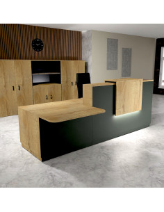 banque accueil delta avec acces pmr a gauche et pieds - rehausse et plateaux chene veine mobel linea coloris noir