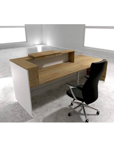 vue arriere banque accueil delta avec acces pmr a gauche et pieds - rehausse et plateaux chene veine mobel linea coloris blanc