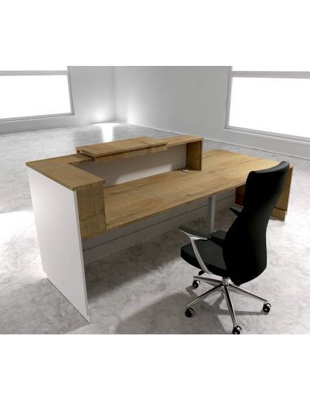 vue arriere banque accueil delta avec acces pmr a gauche et pieds - rehausse et plateaux chene veine mobel linea coloris blanc