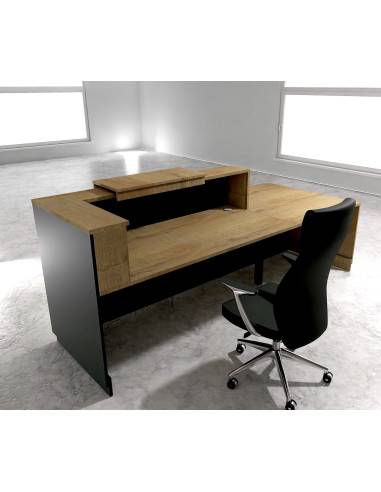 vue arriere banque accueil delta avec acces pmr a gauche et pieds - rehausse et plateaux chene veine mobel linea coloris noir