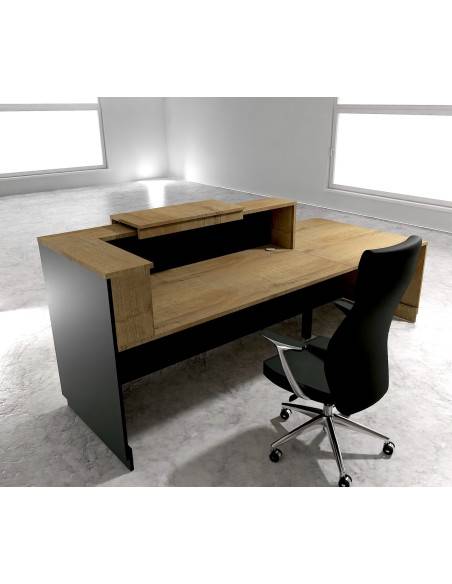 vue arriere banque accueil delta avec acces pmr a gauche et pieds - rehausse et plateaux chene veine mobel linea coloris noir