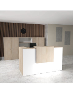 banque accueil bicolore avec rehausse delta mobellina acacia clair et facade blanche