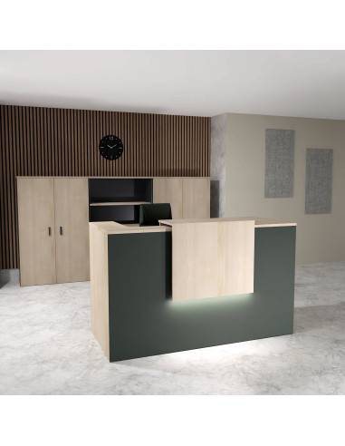 banque accueil bicolore avec rehausse delta mobellina acacia clair et facade noir