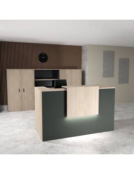 banque accueil bicolore avec rehausse delta mobellina acacia clair et facade noir