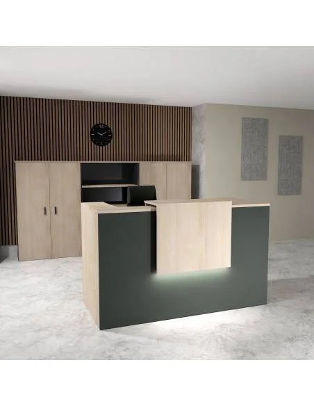 banque accueil bicolore avec rehausse delta mobellina acacia clair et facade noir